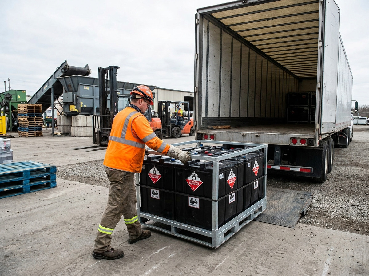 Technician loading hazardously labelled battery containers onto a truck at a recycling facility, illustrating the high logistics costs behind battery recycling economics in Europe