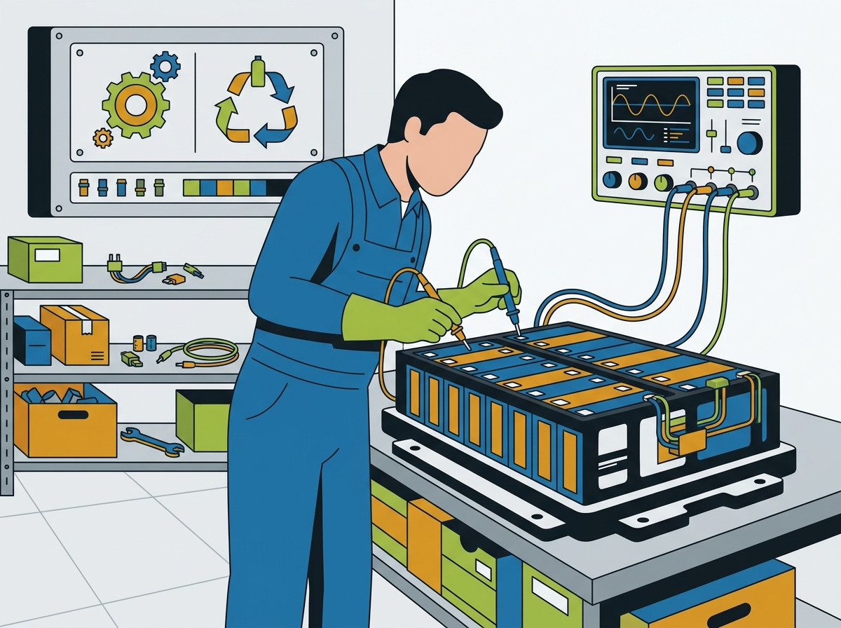 Technician testing second-life battery performance on an EV battery module in a workshop setting