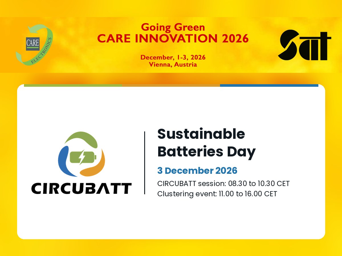 CARE INNOVATION 2026 banner with the CIRCUBATT logo announcing a sustainable batteries day in Vienna on 3 December 2026, with a project session and a clustering event