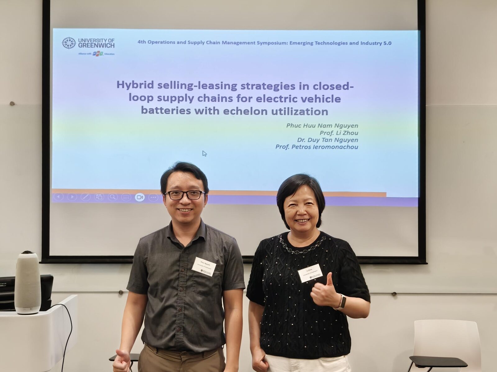 Prof Li Zhou and PhD student Phuc Huu Nam Nguyen presenting research on EV battery leasing and selling strategies at the Operations and Supply Chain Management Symposium in Sheffield